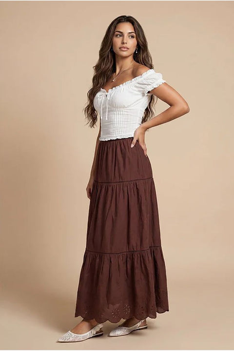 Chocolate Broderie Trim Maxi Skirt by Urban Bliss