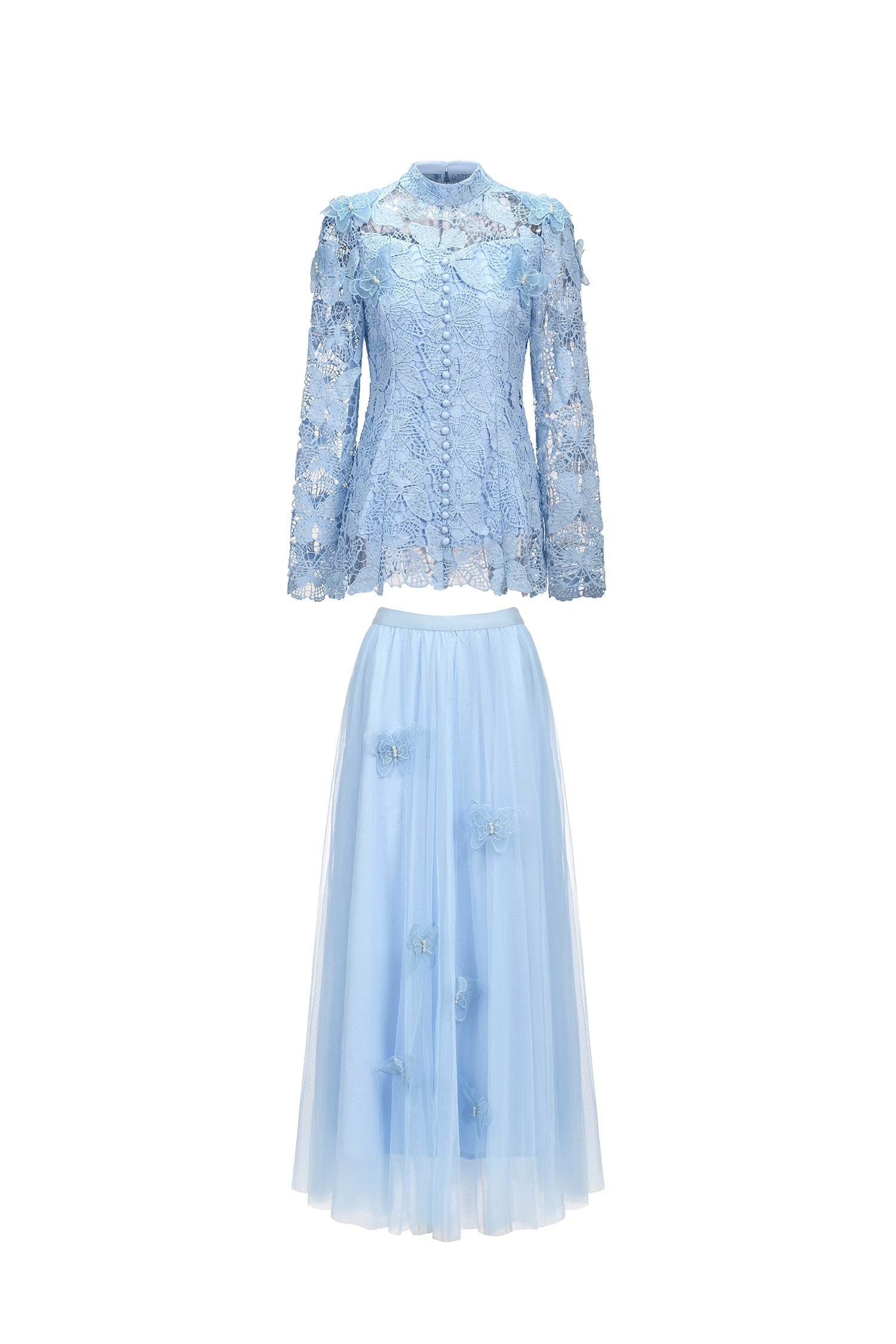 Sabina Long Sleeve Folds Lace Butterfly Top And Skirt Two-Piece Set C250300235