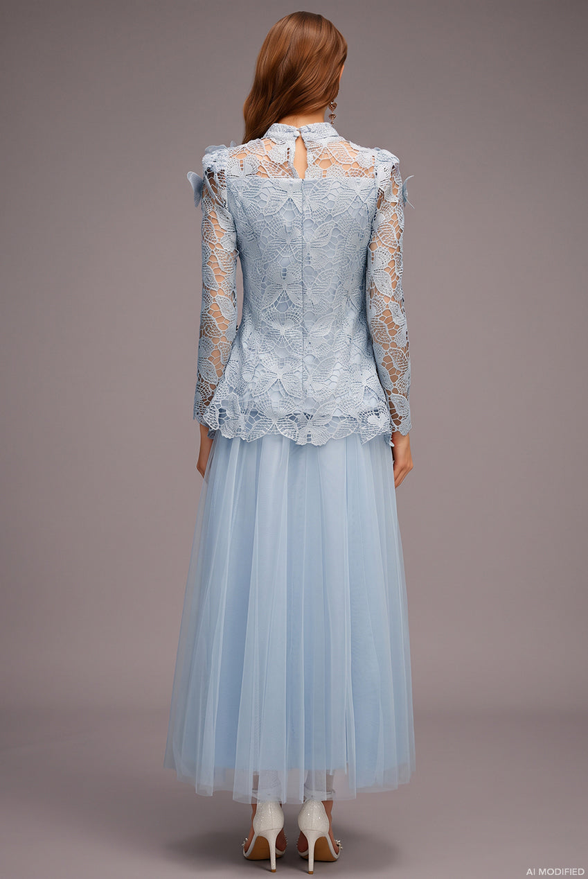 Sabina Long Sleeve Folds Lace Butterfly Top And Skirt Two-Piece Set C250300235