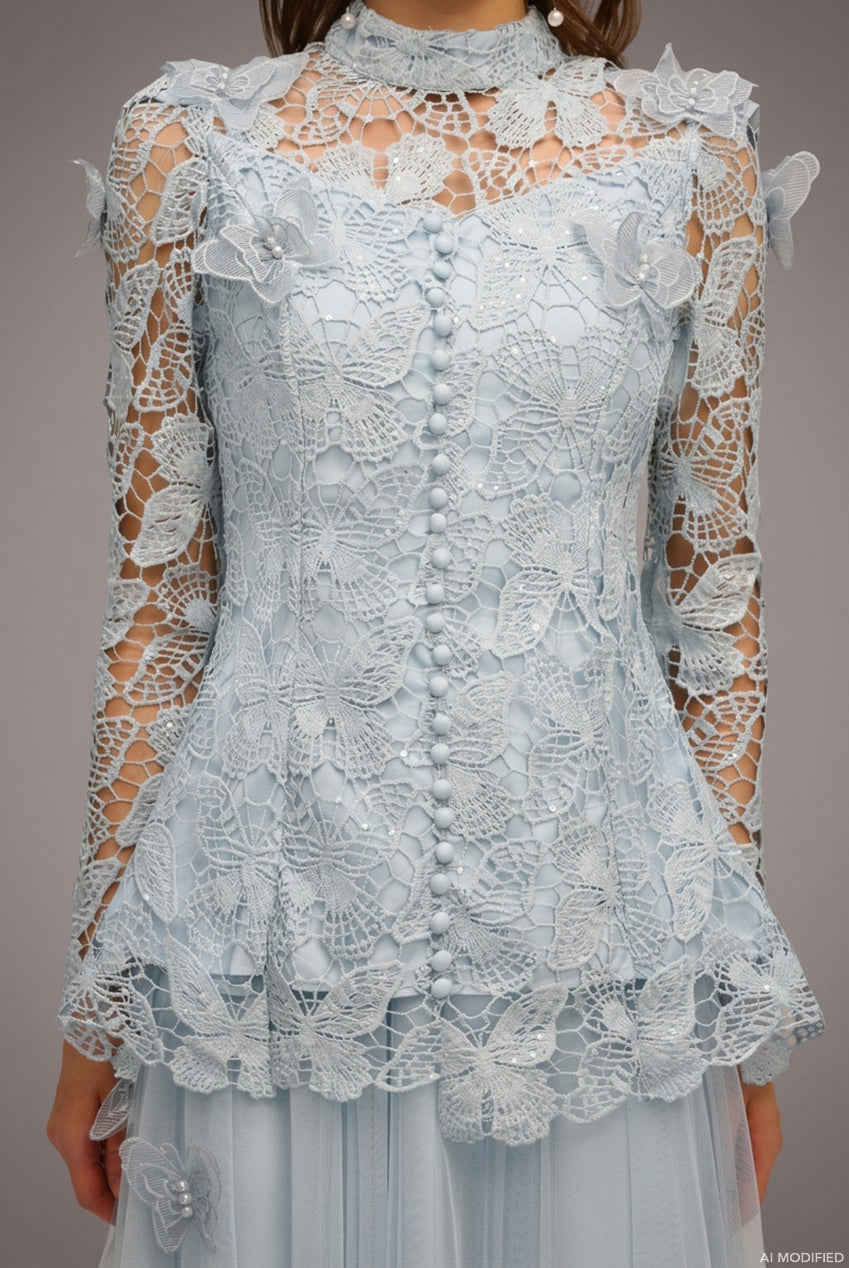 Sabina Long Sleeve Folds Lace Butterfly Top And Skirt Two-Piece Set C250300235