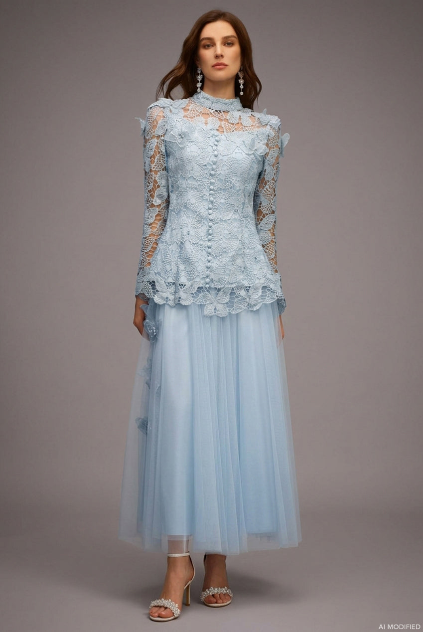 Sabina Long Sleeve Folds Lace Butterfly Top And Skirt Two-Piece Set C250300235