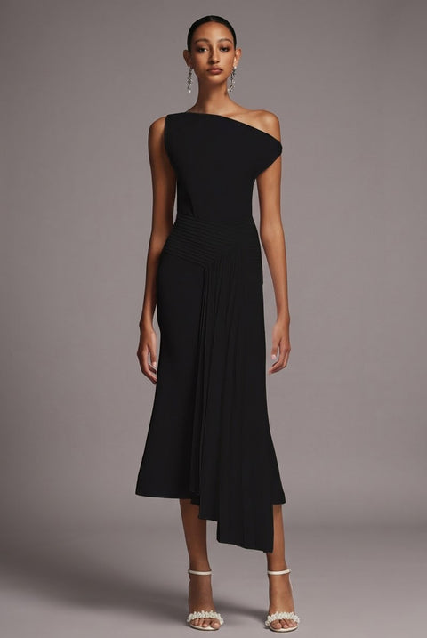 Juny Oblique Shoulder Sleeveless Folds Midi Dress by Bella Barnett