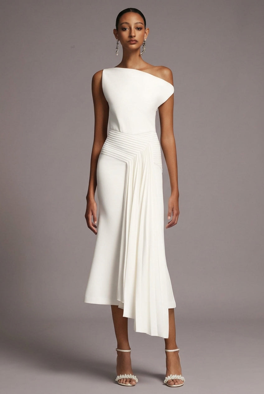 Paulina Oblique Shoulder Sleeveless Folds White Midi Dress C250300341