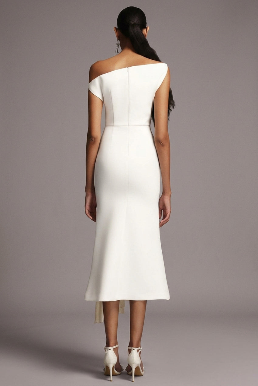 Paulina Oblique Shoulder Sleeveless Folds White Midi Dress C250300341