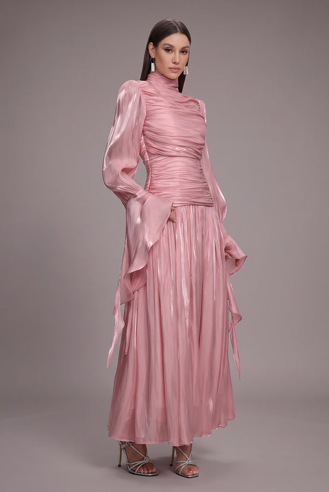 Viky Resort Waist-Defining Long Sleeve Ruched Woven Dark Pink Maxi Dress by Bella Barnett