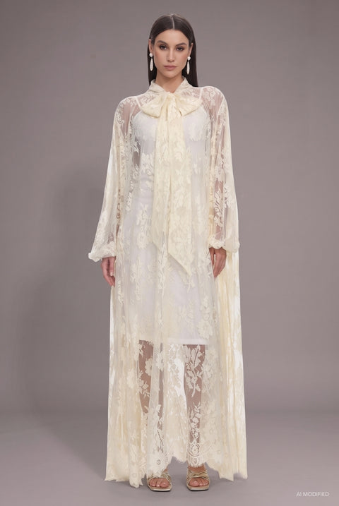 Deliyn Resort Flowy Long Sleeve Embroidered Mesh Lace Yellow Maxi Dress by Bella Barnett