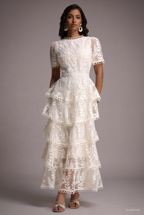 Yedda Resort Flowy Round Neck Short Sleeve Floral Embroidered Woven Maxi Dress by Bella Barnett