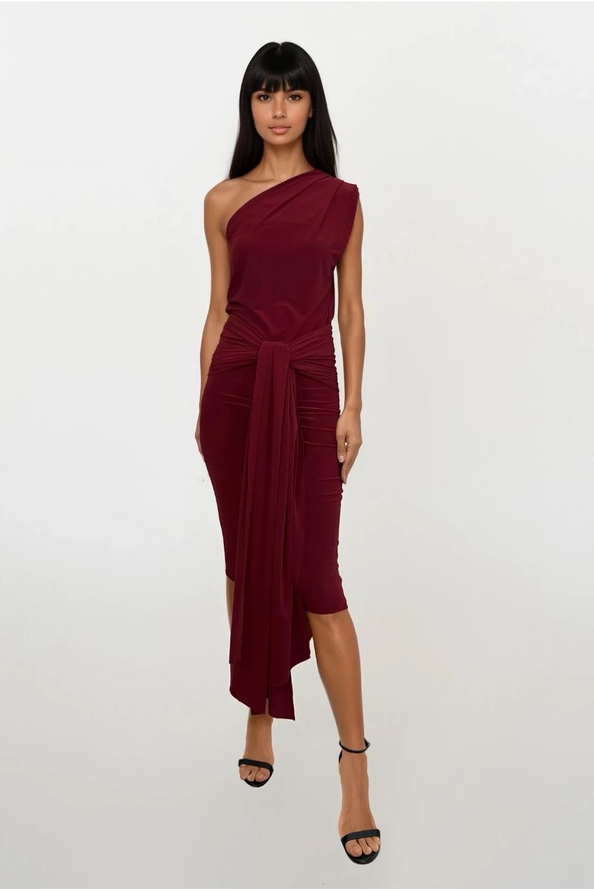 Callie Berry One Shoulder Midi Dress With Tie Scarf And Gold Buckle CALLIE-BERRY-MIDI