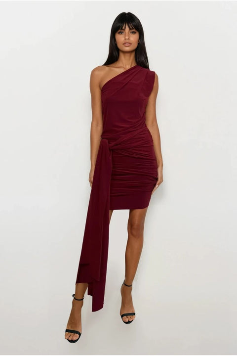 Callie Berry One Shoulder Midi Dress With Tie Scarf And Gold Buckle by Honor Gold