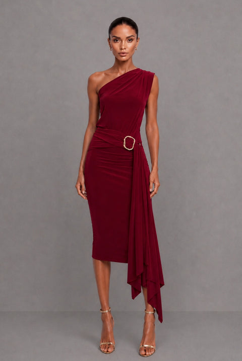 Callie Berry One Shoulder Midi Dress With Tie Scarf And Gold Buckle by Honor Gold