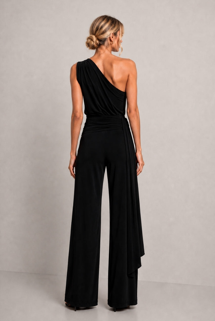 Callie Black One Shoulder Jumpsuit With Tie Scarf And Gold Buckle CALLIE-BLACK-JUMPSUIT