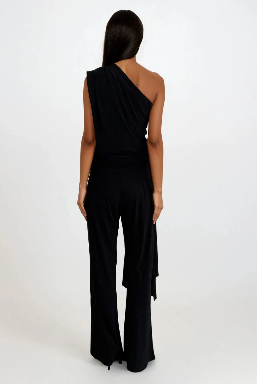 Callie Black One Shoulder Jumpsuit With Tie Scarf And Gold Buckle CALLIE-BLACK-JUMPSUIT