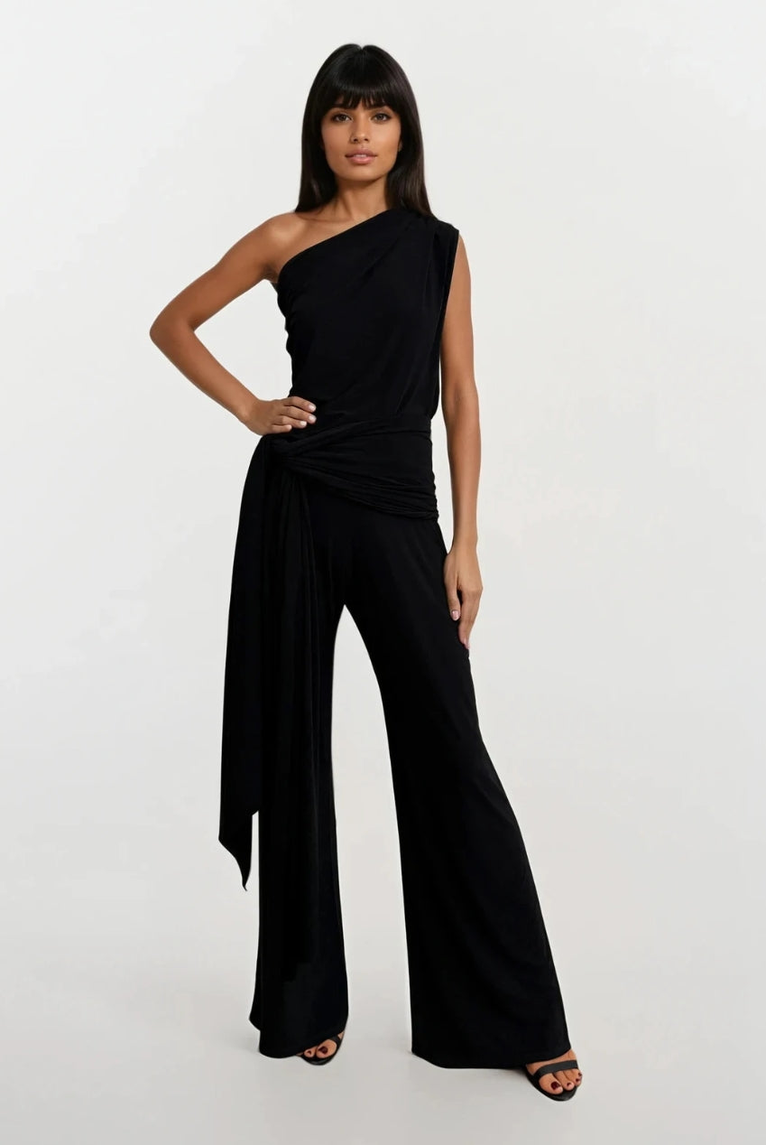 Callie Black One Shoulder Jumpsuit With Tie Scarf And Gold Buckle CALLIE-BLACK-JUMPSUIT