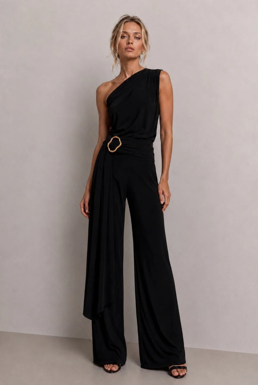 Callie Black One Shoulder Jumpsuit With Tie Scarf And Gold Buckle CALLIE-BLACK-JUMPSUIT