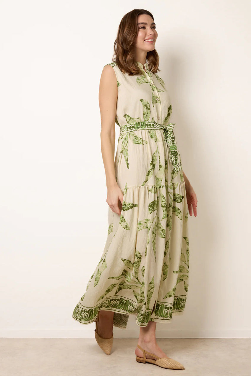 Leaf Print Collarless Shirt Dress With Belted Waist CC2704BV023