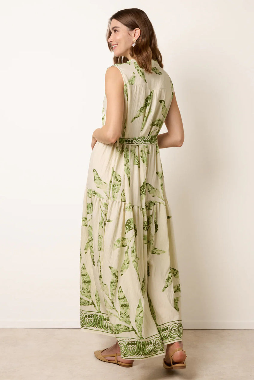 Leaf Print Collarless Shirt Dress With Belted Waist CC2704BV023