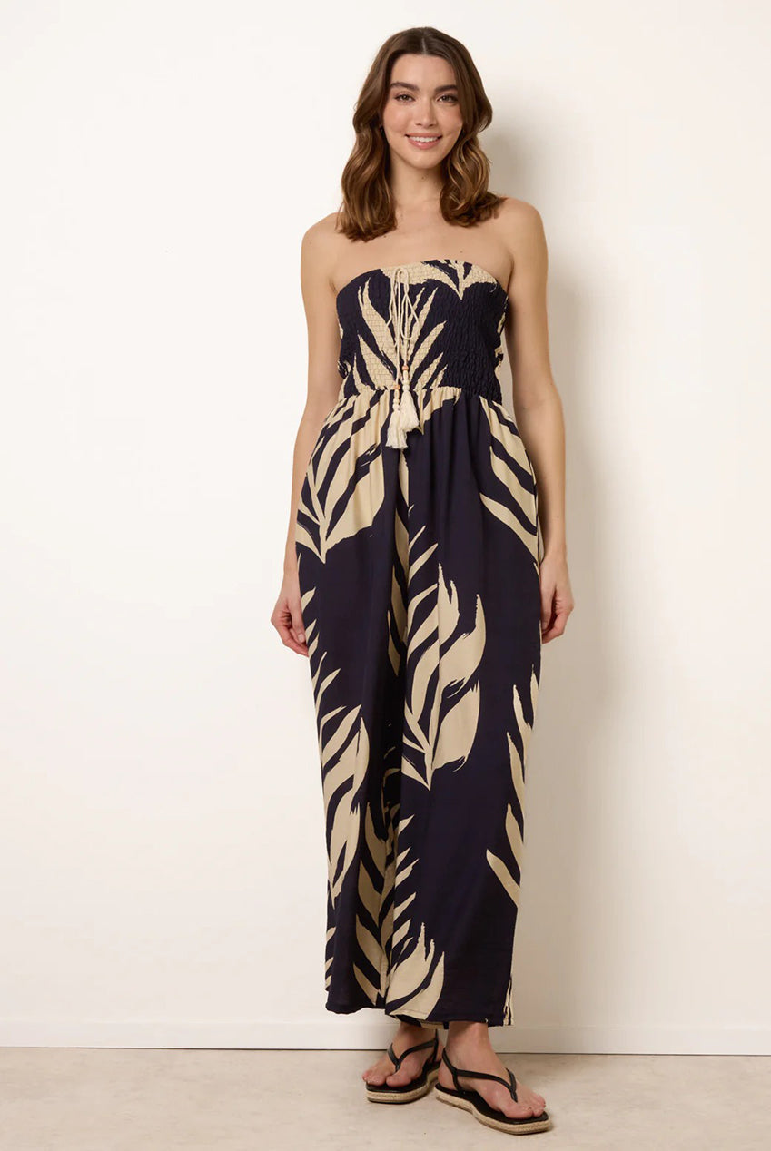 Printed Bandeau Tie Neck Shirred Jumpsuit CC2705BV008