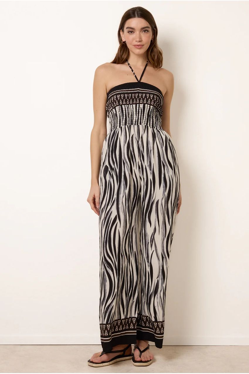 Zebra Print Halter Neck Shirred Waist Jumpsuit CC2710BV003