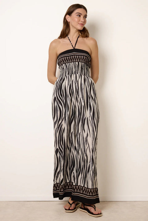 Zebra Print Halter Neck Shirred Waist Jumpsuit by Blue Vanilla