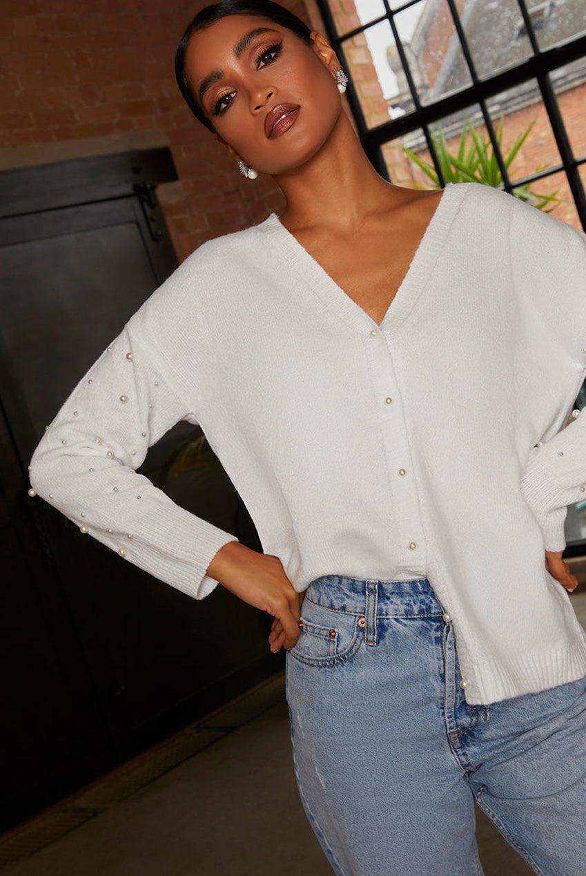 Pearl Detail Oversized Cardigan In Cream EM22202CR