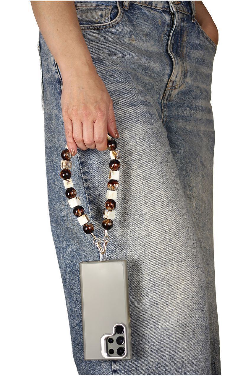 Square & Ball Style Acrylic Phone Strap - White & Brown CHP-010-3