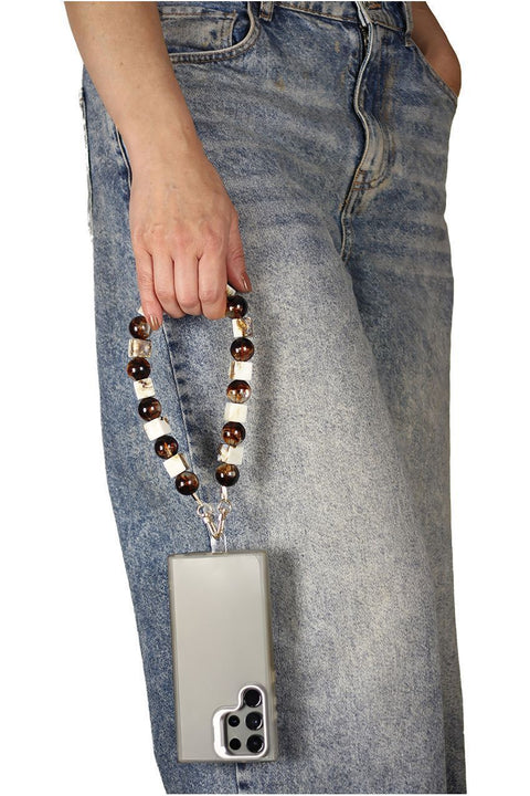 Square & Ball Style Acrylic Phone Strap - White & Brown by Goddiva Accessories
