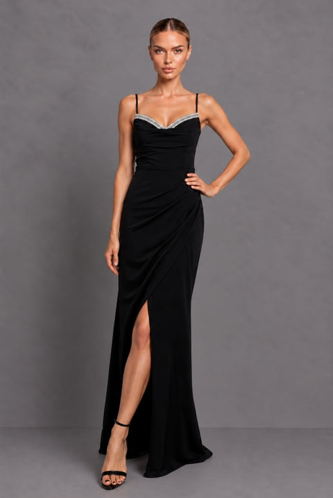 Christie Black Diamanté Embellished Maxi Dress With Wrap Skirt With Split by Honor Gold
