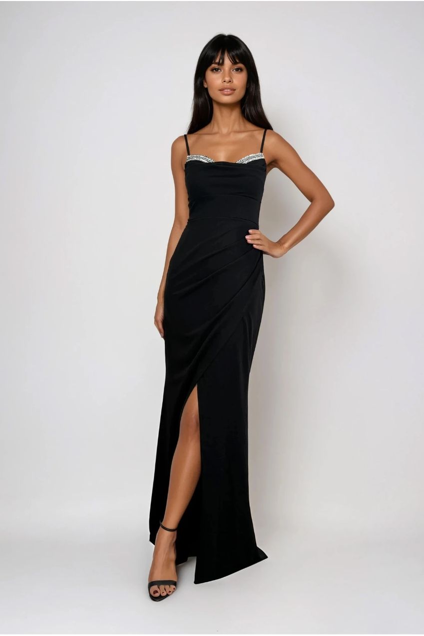 Christie Black Diamanté Embellished Maxi Dress With Wrap Skirt With Split HG-CHRISTIE