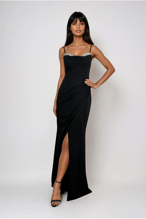 Christie Black Diamanté Embellished Maxi Dress With Wrap Skirt With Split by Honor Gold
