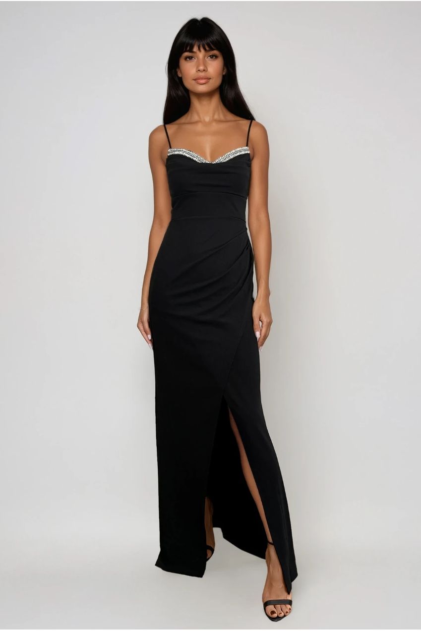 Christie Black Diamanté Embellished Maxi Dress With Wrap Skirt With Split HG-CHRISTIE