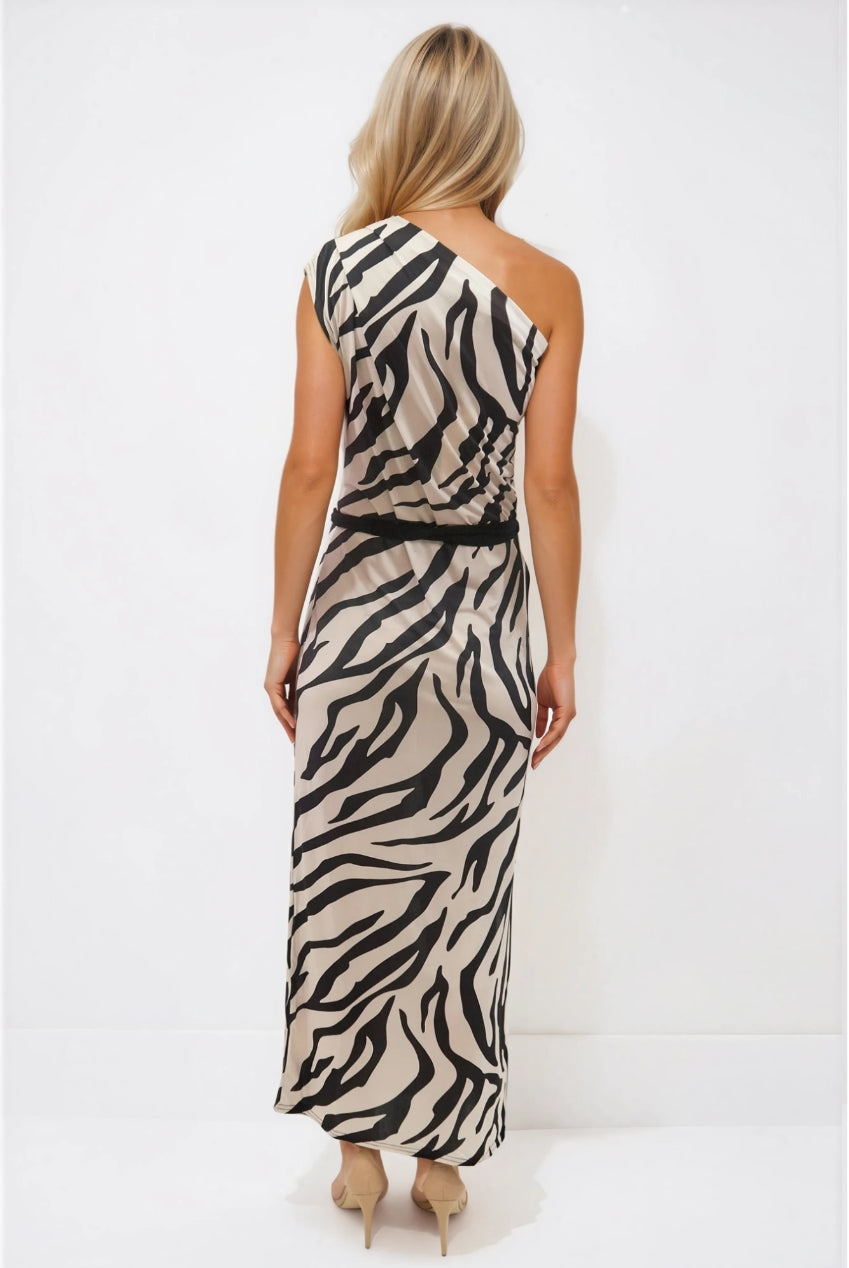 Cleo Zebra Animal Print One Shoulder Maxi Dress CLEO-ZEBRA-MAXI