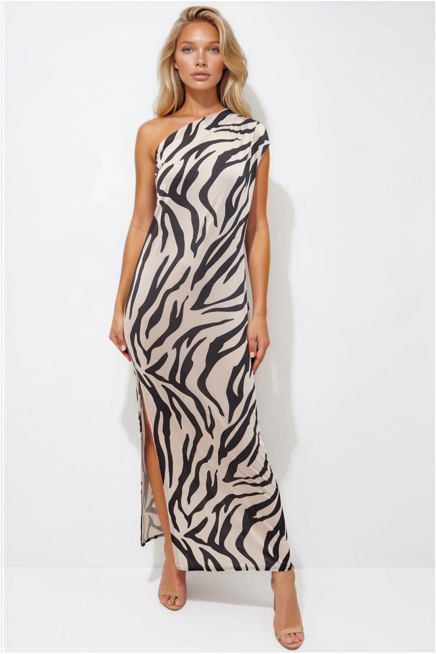 Cleo Zebra Animal Print One Shoulder Maxi Dress CLEO-ZEBRA-MAXI