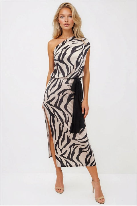 Cleo Zebra Animal Print One Shoulder Maxi Dress by Honor Gold