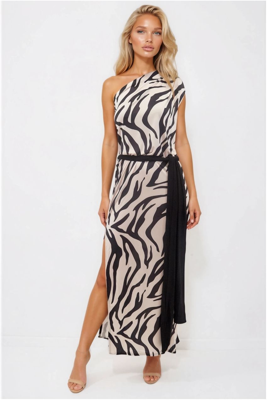 Cleo Zebra Animal Print One Shoulder Maxi Dress CLEO-ZEBRA-MAXI