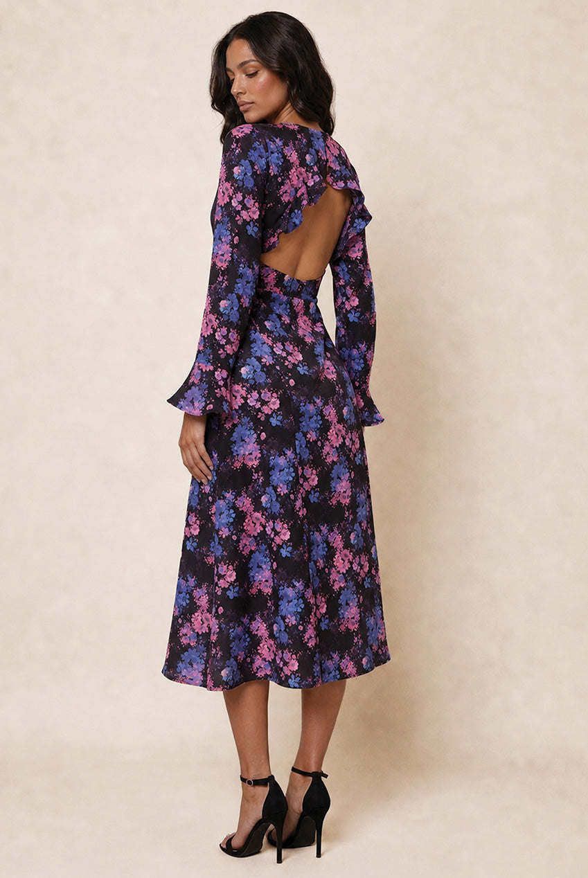 Long Sleeve V Neck Floral Print Midi Dress In Black CT1005BK