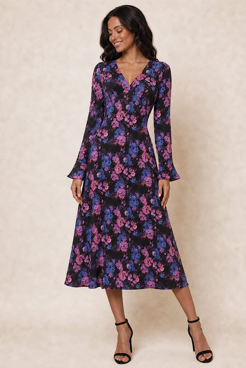 Long Sleeve V Neck Floral Print Midi Dress In Black CT1005BK
