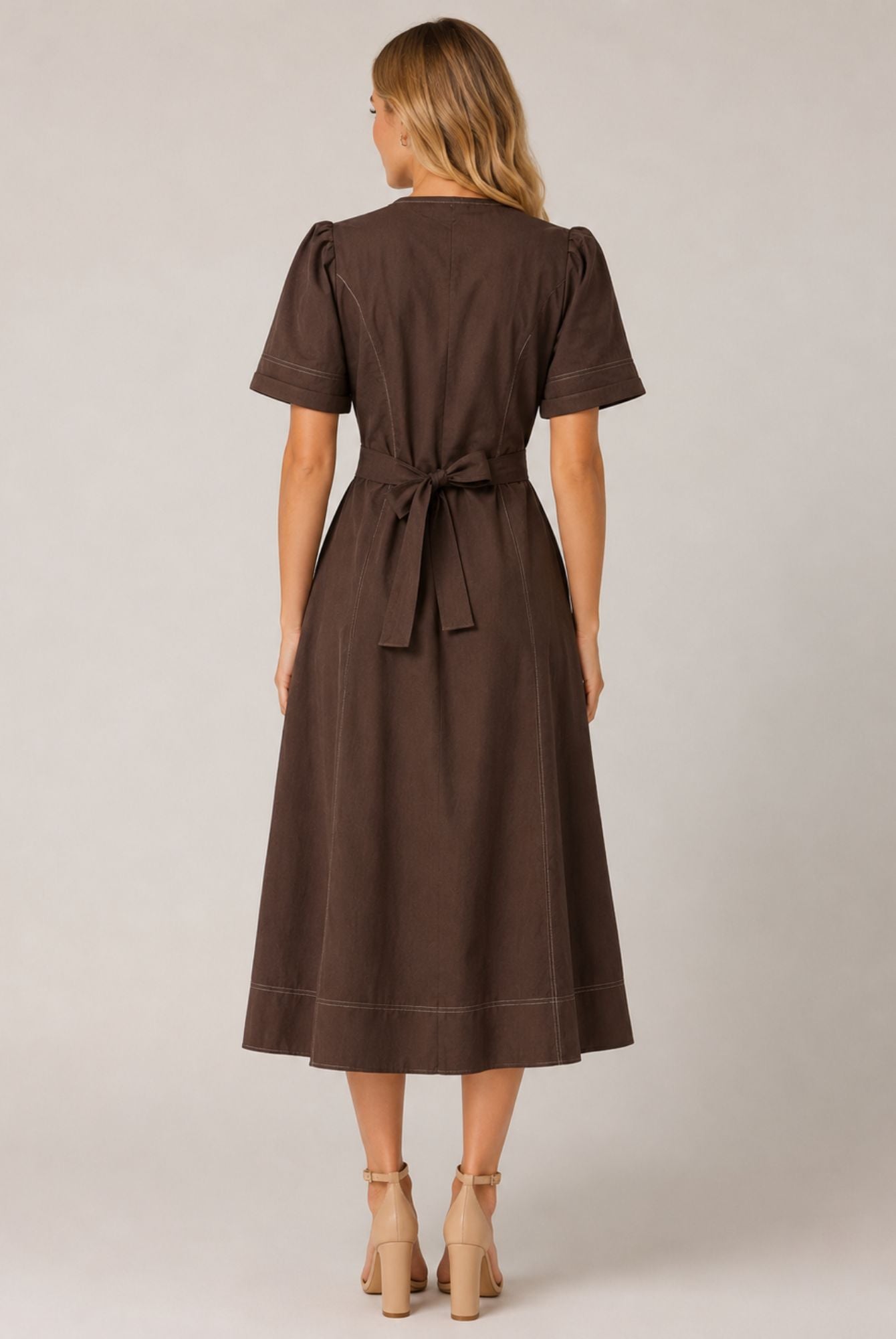 Chocolate Brown Gathered Short Sleeve Midi Dress AVCH-GLD26142