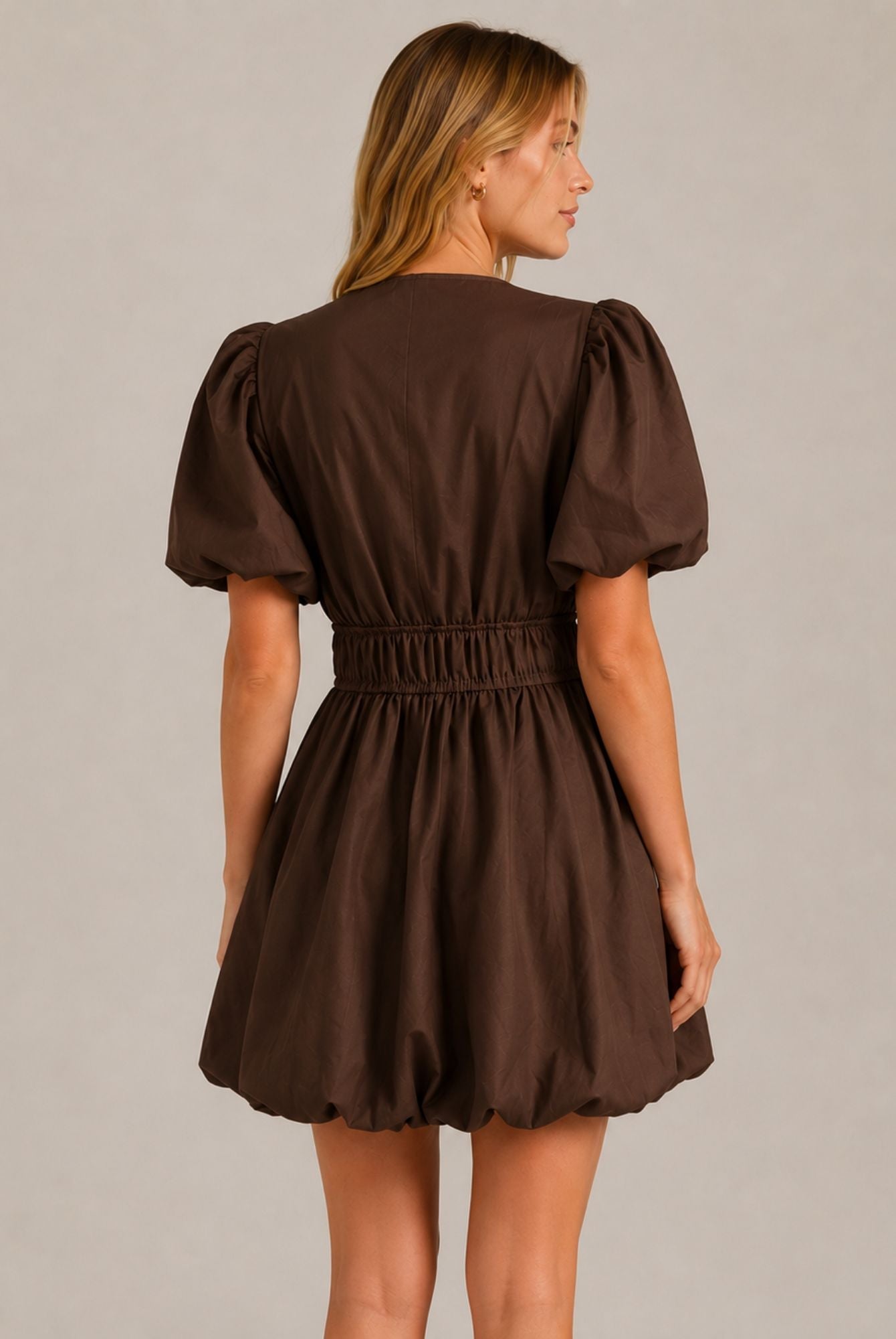 Chocolate Brown Puff Sleeve Tie Front Ruched Waist Mini Dress AVCH-GLD26147