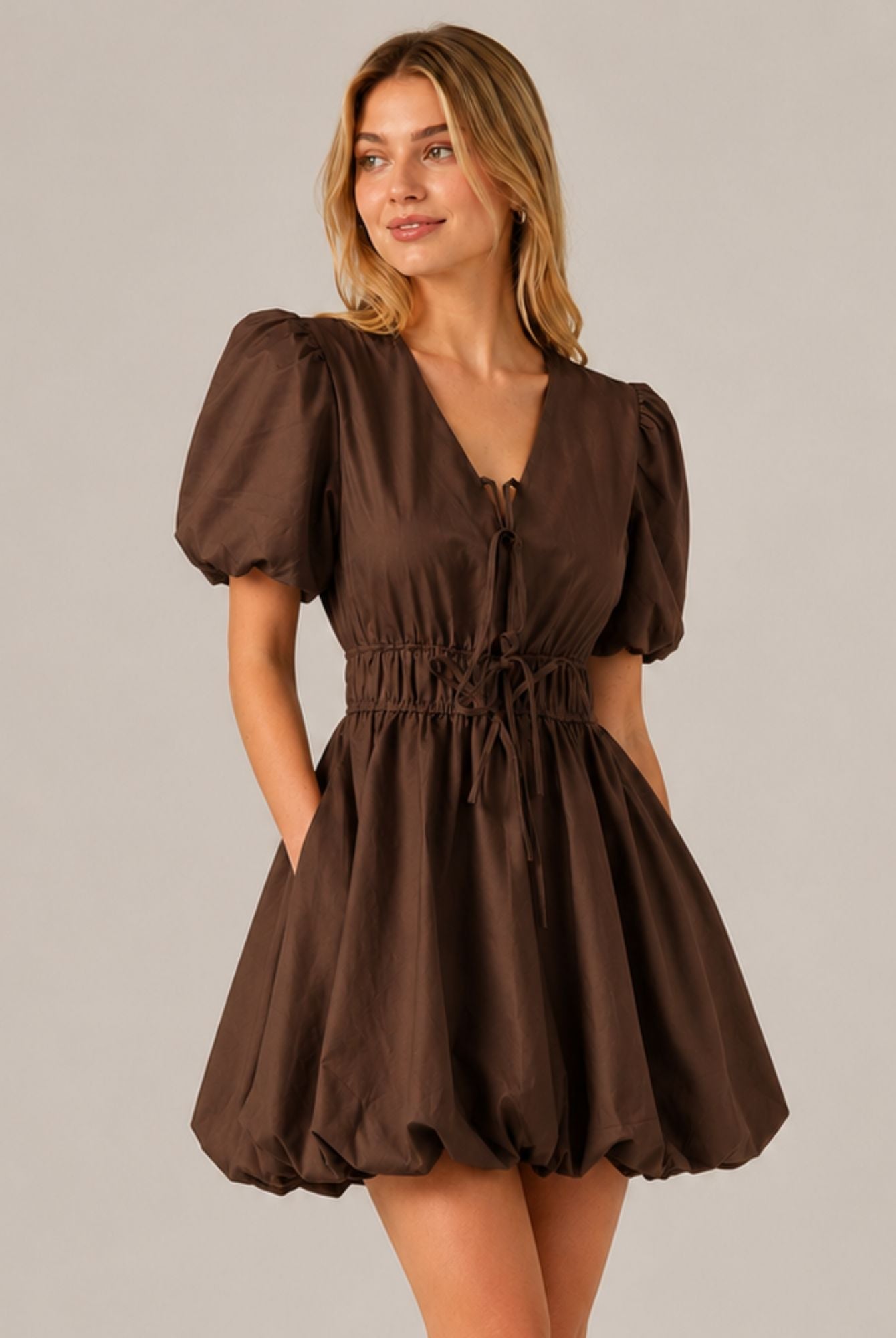 Chocolate Brown Puff Sleeve Tie Front Ruched Waist Mini Dress AVCH-GLD26147