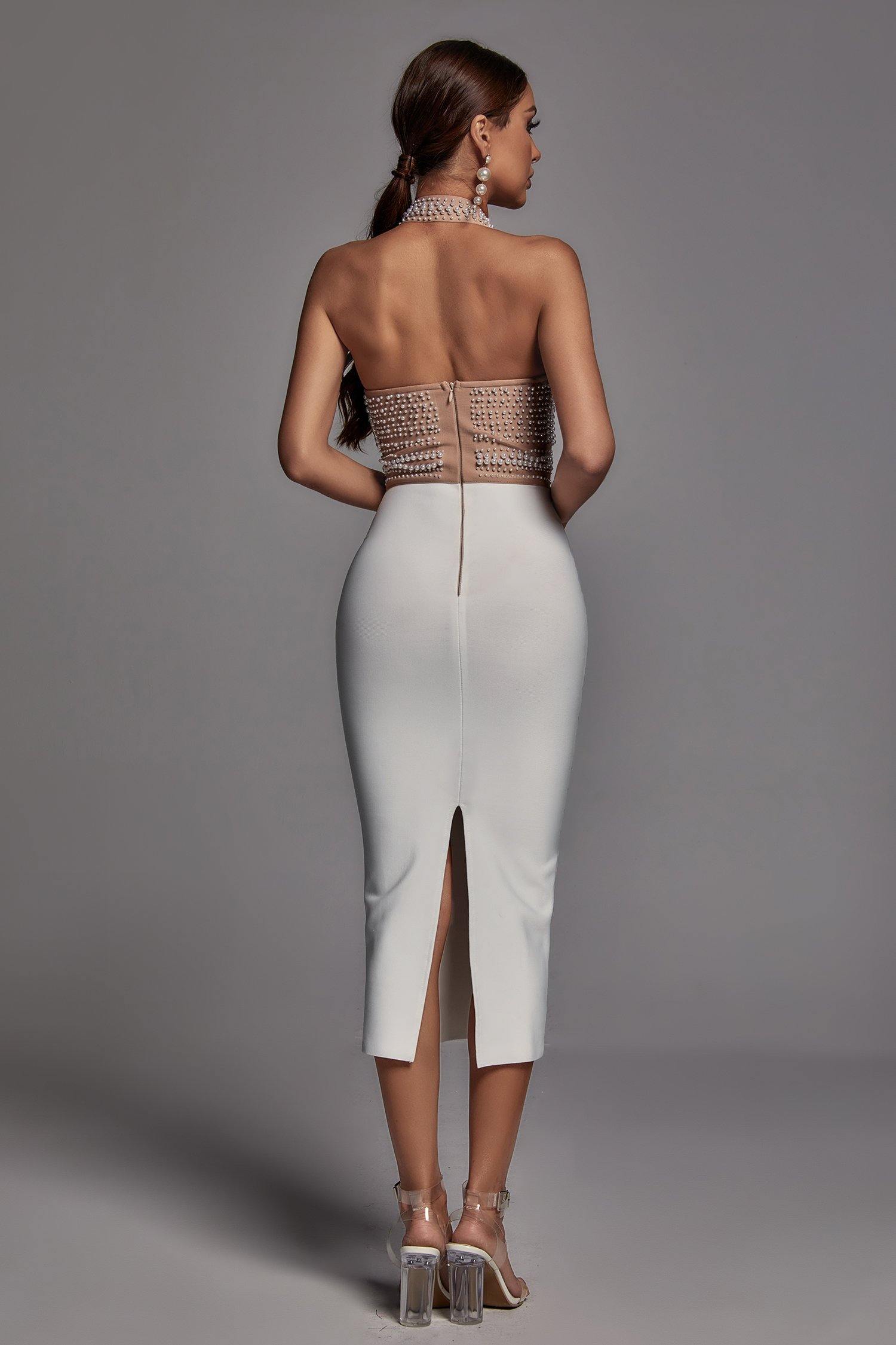 Cornelia Pearl Halter Bandage Dress - Beige D201215168
