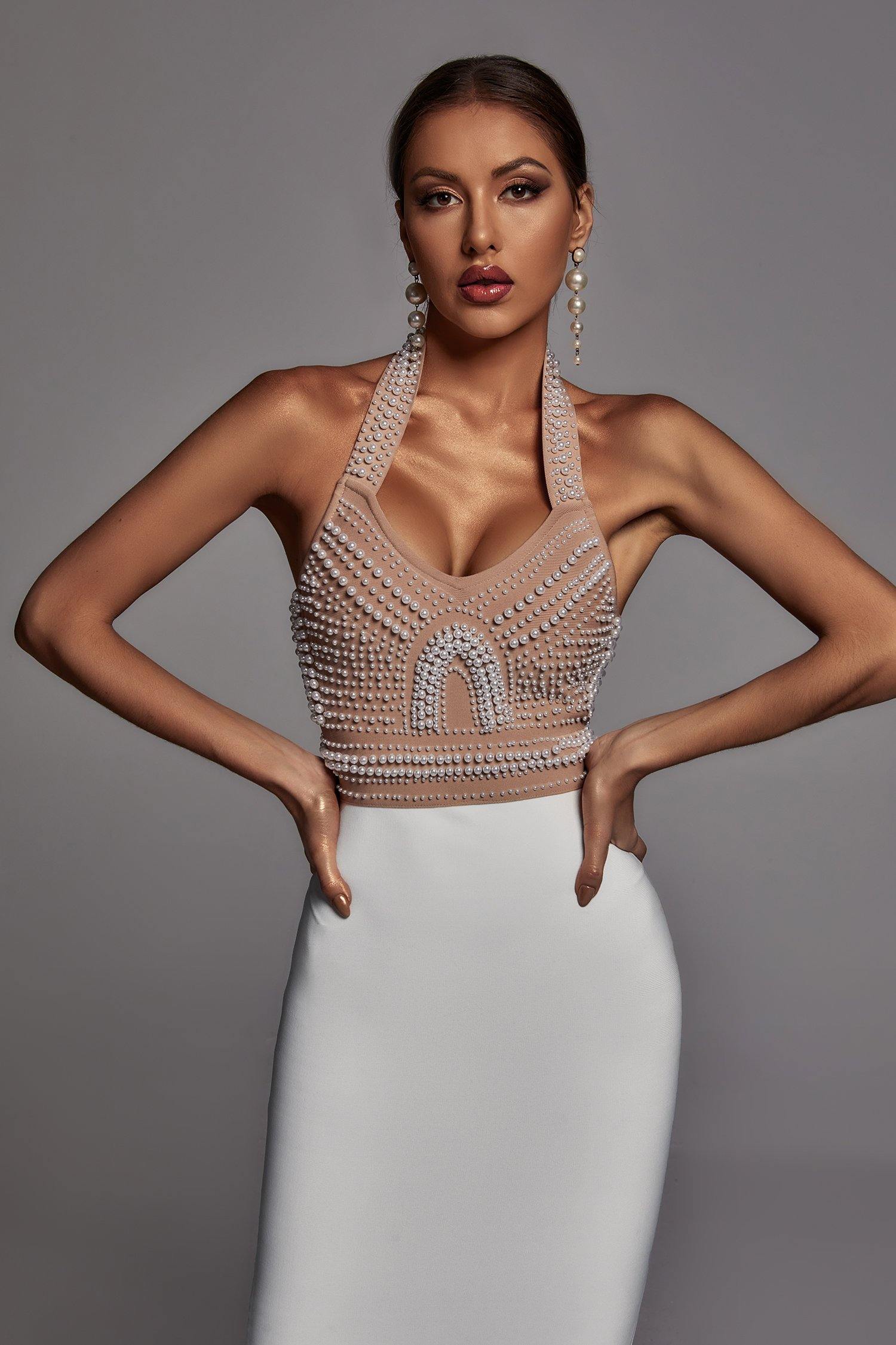Cornelia Pearl Halter Bandage Dress - Beige D201215168