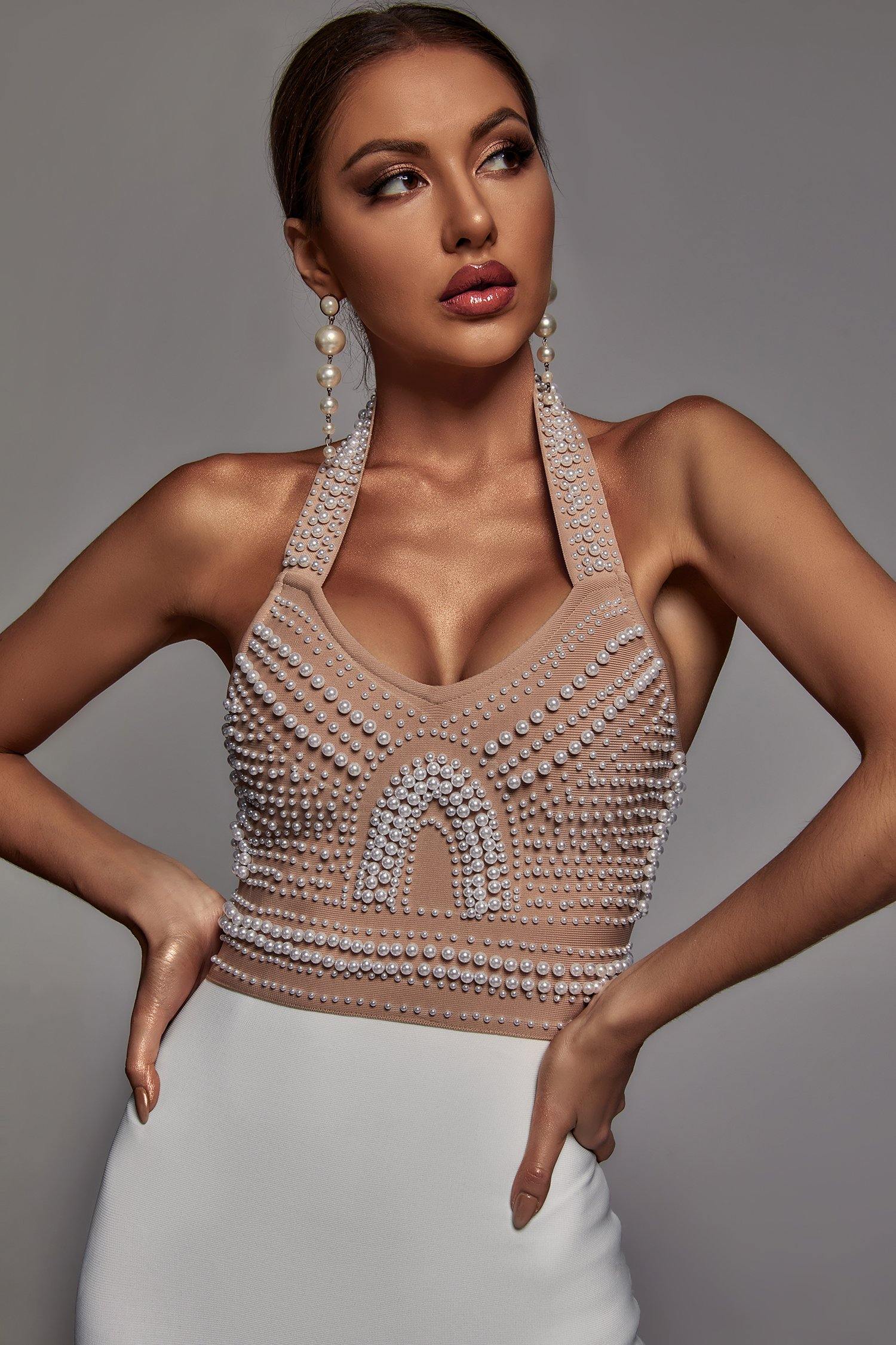 Cornelia Pearl Halter Bandage Dress - Beige D201215168