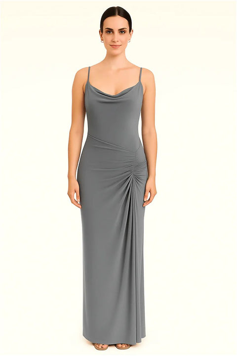 Grey Cowl Neckline Figure-Flattering Spaghetti Strap Dress by Avinci