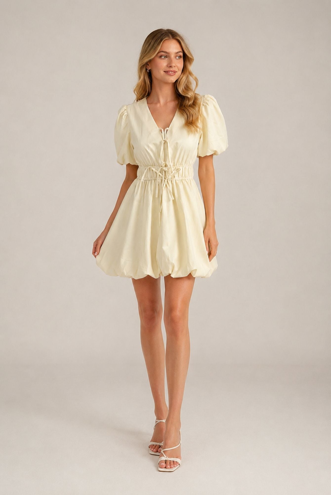 Cream Puff Sleeve Tie Front Ruched Waist Mini Dress AVCH-GLD26147