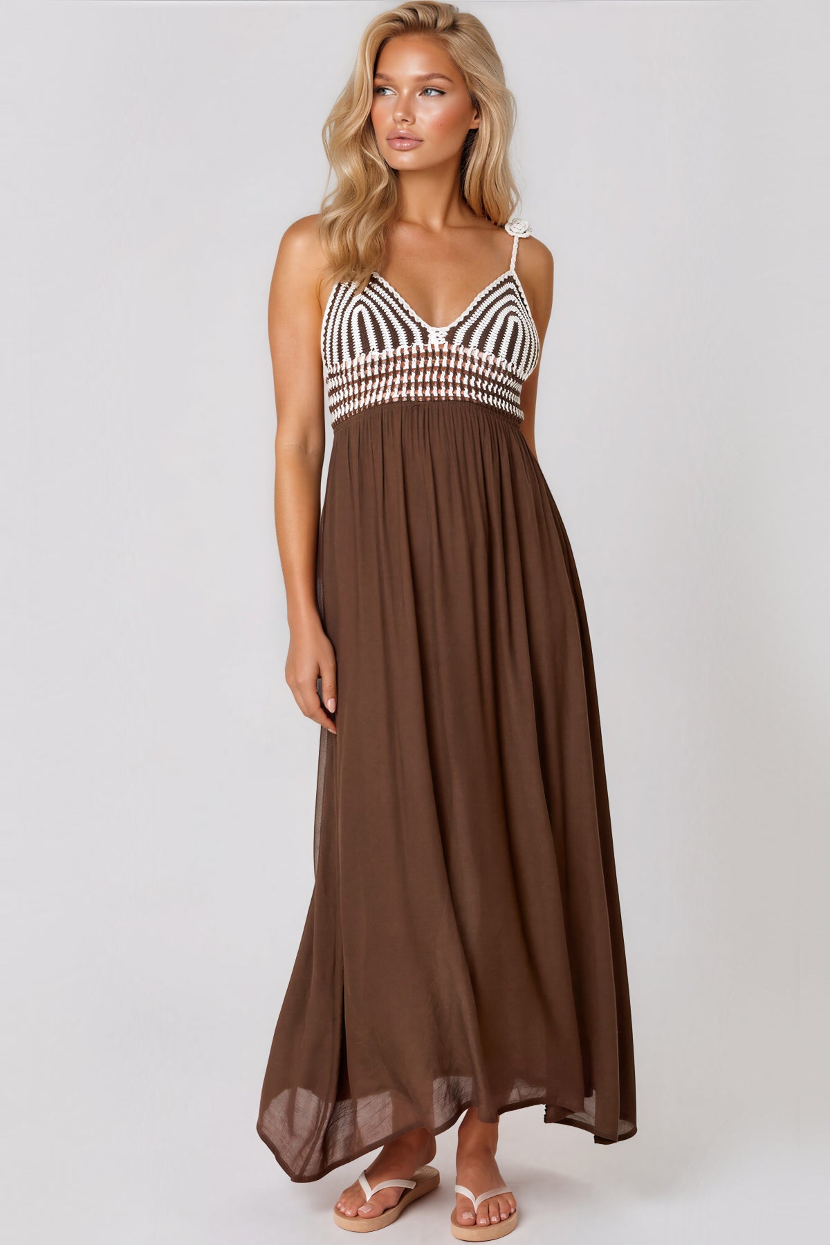 Brown Crochet Strappy Maxi Dress ALWF5776