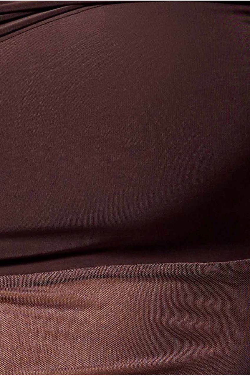 Gathered Bardot Asymmetric Mesh Panel Top - Brown T272