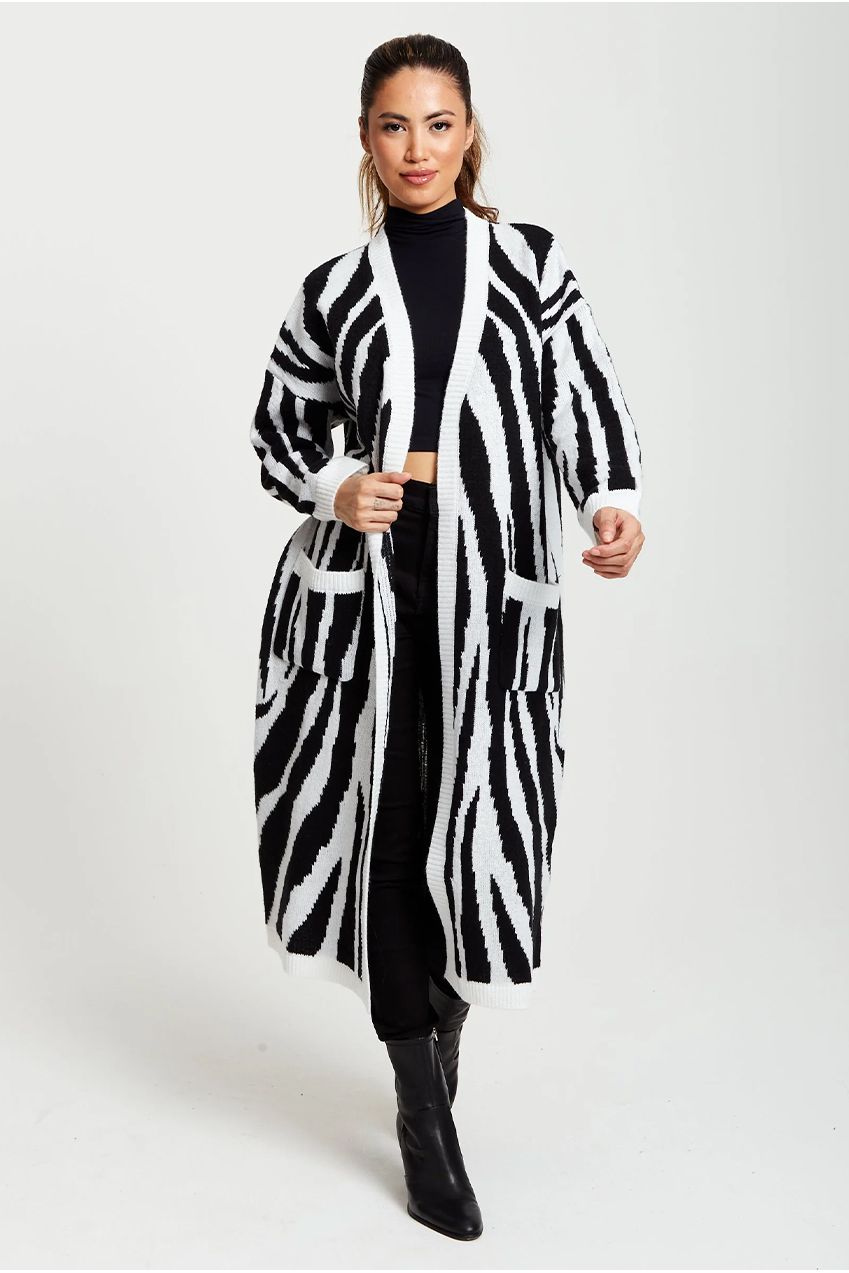 Longline Cardigan In Black And White Zebra Pattern D1-LIQ220204-A