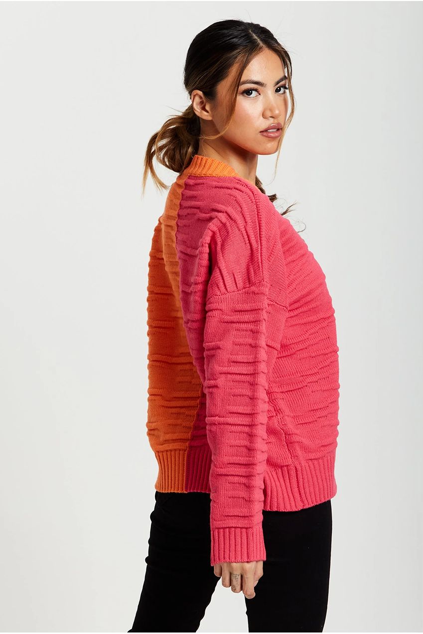 Colour Block Jumper In Orange And Pink D1-LS-L22AW022