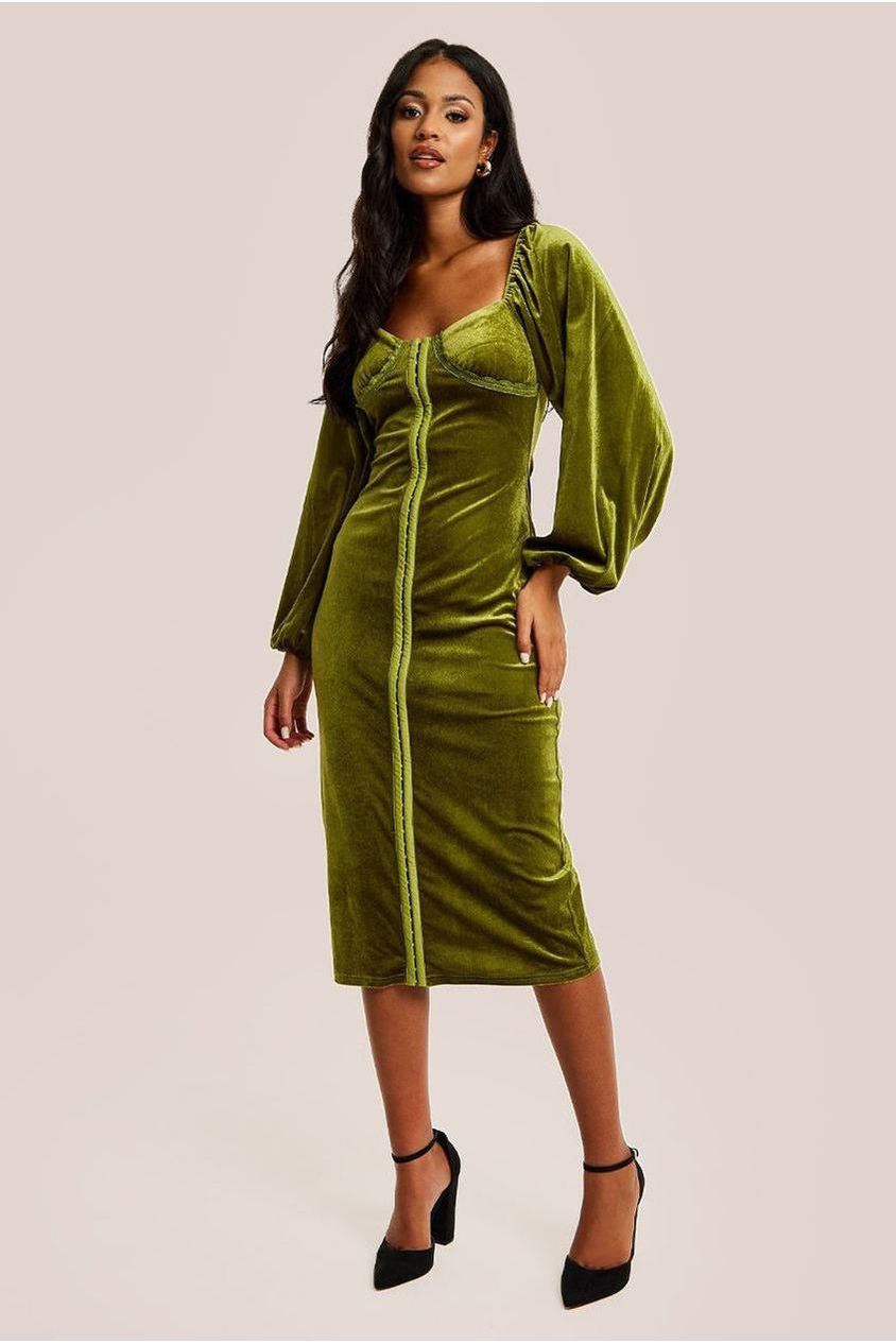 Corset Detail Green Velvet Midi Dress D21-LIQ23AW067G