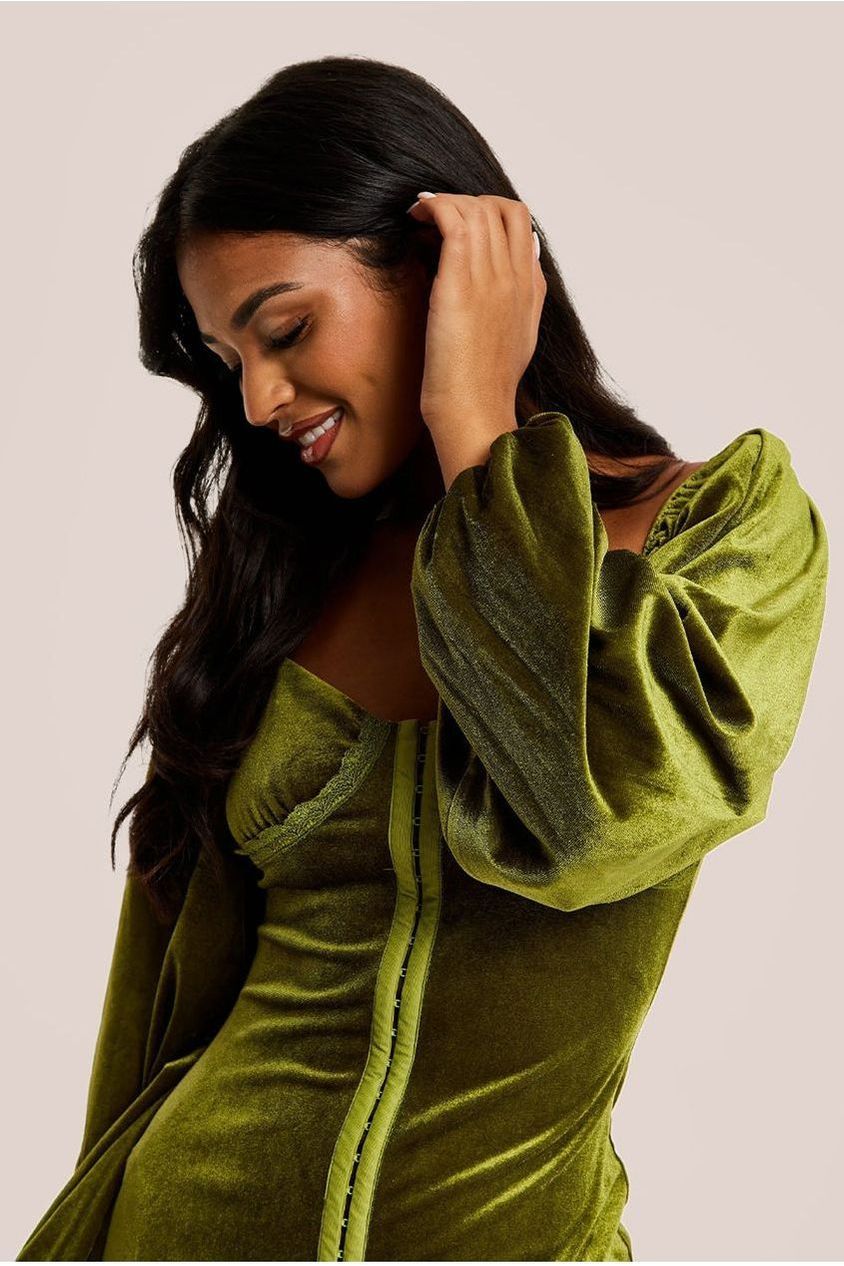 Corset Detail Green Velvet Midi Dress D21-LIQ23AW067G